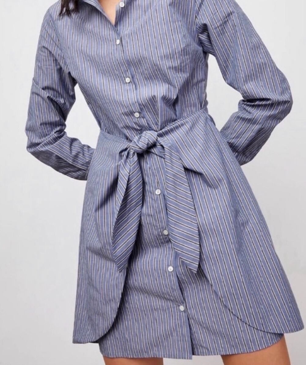 Rails Blue Striped Tie Front Shirt Dress Tencel Blend Coastal Preppy Business
